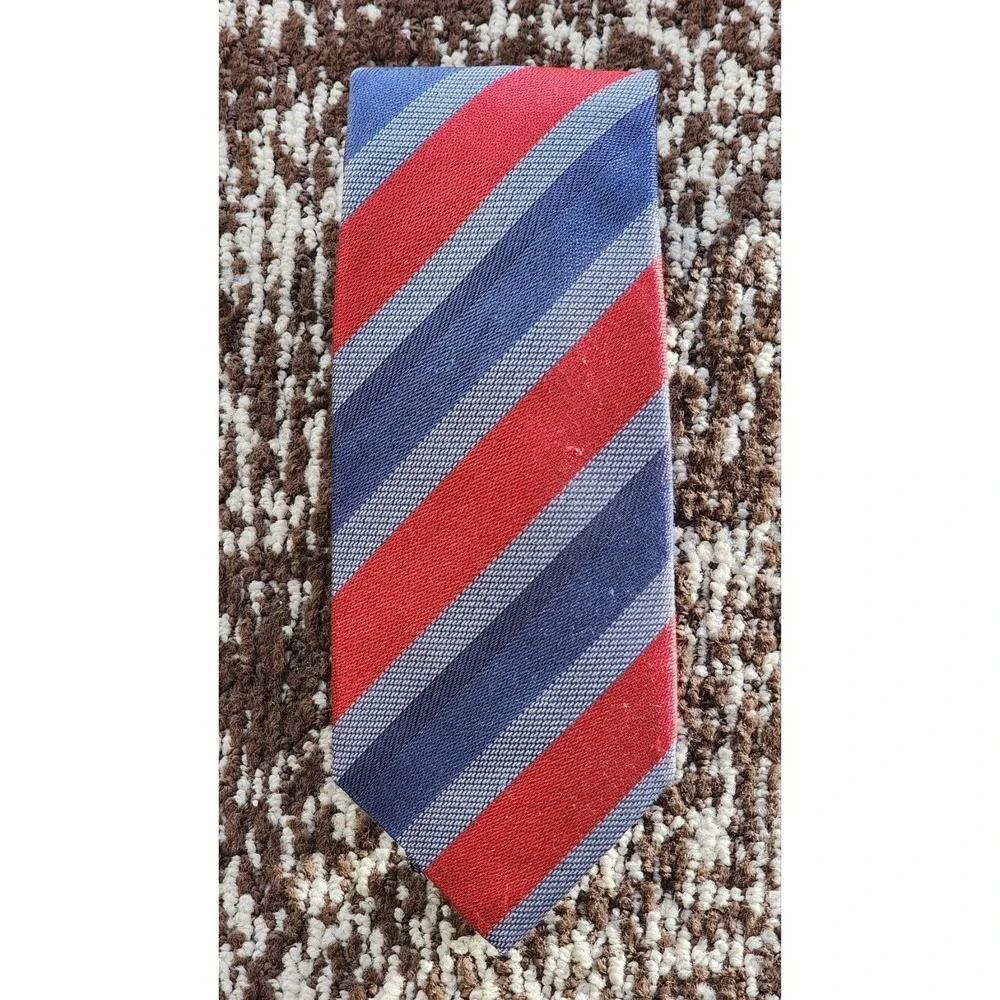 $139 NWT David Donahue Men's Red Blue Stripes Cotton Silk Handmade Neck Tie